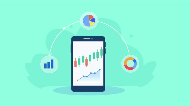 Flat vector animation showing a smartphone with a financial market chart connected to analytics icons for trading, investment, market analysis, and performance tracking.
