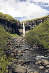 Foreground boulders and a stream lead toward Svartifoss, a narrow waterfall set against dark basalt columns. Green shrubs flank the ravine beneath broken clouds in Skaftafell, Iceland. © Artem