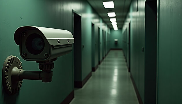 Surveillance camera mounted on the wall in a long, dark green corridor of a correctional facility, copy space