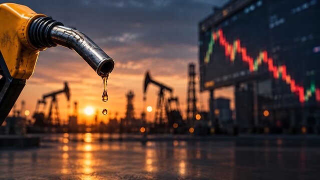 Industrial oil nozzle with falling drop, stock market financial chart overlay, petroleum energy crisis concept