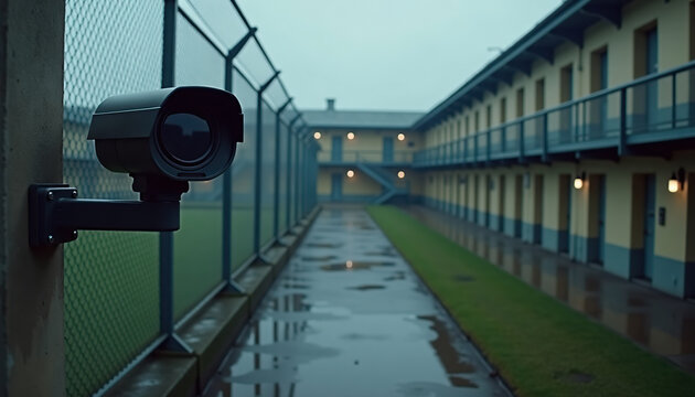 Surveillance camera mounted outside in a prison yard, capturing a rainy day setting, copy space