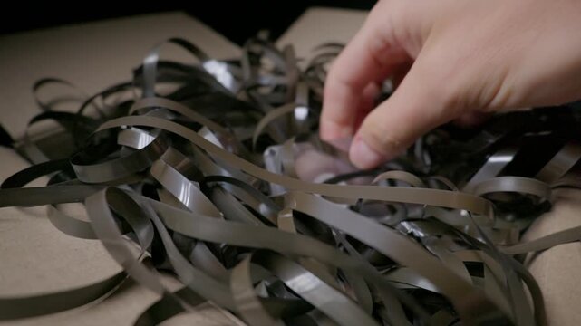 A person untangles a damaged cassette tape lying amidst loose ribbon on a table in close-up. Shiny magnetic film loops highlight the fragile plastic construction of vintage media.