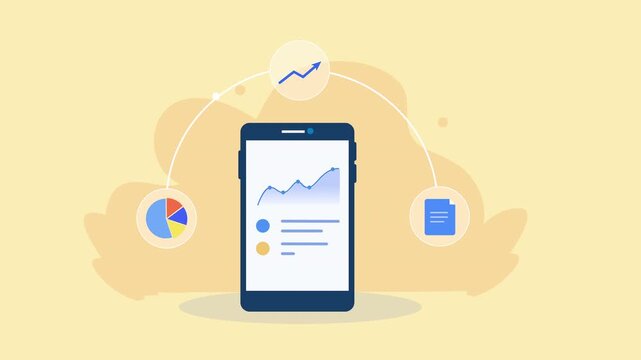 Flat vector animation showing a smartphone analytics dashboard connected to chart, pie graph, and document icons for digital data analysis and performance tracking.