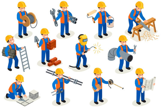 Isometric construction trades vector set | electrician plumber painter and carpenters | flat illustration for building infographics