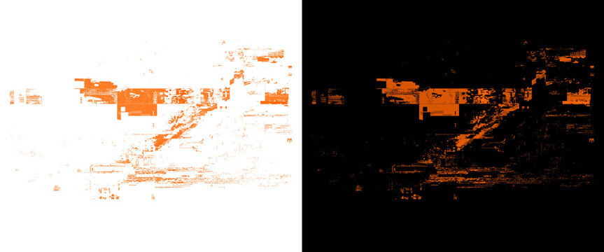 Grunge orange texture overlays on white and black backgrounds, distressed weathered paint splatter effects, abstract industrial glitch background