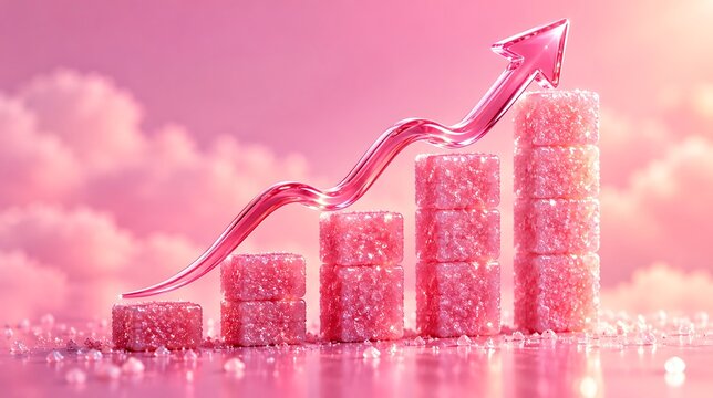 Rising sugar level growth chart, stacked sugar cubes with glossy pink upward arrow, blood sugar increase concept