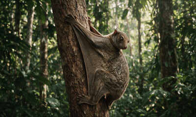 Fototapeta premium Sunda Colugo Resting Against Tree Bark with Folded Gliding Membrane Visible