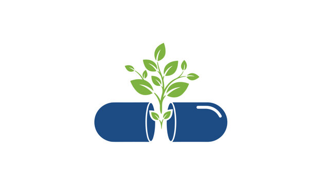 Green plant sprout growing from an open blue medicine capsule represents herbal remedies, holistic health, and natural vitamins.