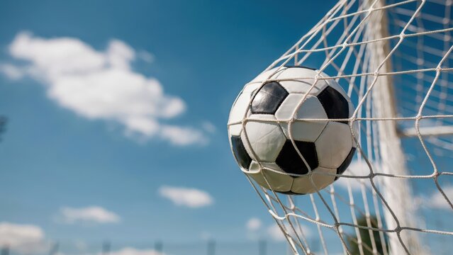 A soccer ball flies into the goal net on a sunny day outdoors