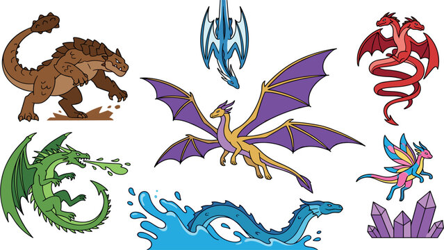 Mythical Dragon and Fantasy Monster Character Vector Set Featuring Fire Breathing, Water Serpent, Ice, Two-Headed, and Crystal Beasts for RPG Gaming Assets