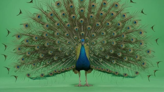 Realistic male peacock walking naturally across the frame on a green screen background, full body exotic bird displaying beautiful colorful tail feathers, peacock looking at the camera lens, isolated 