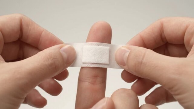 Adhesive bandage applied to a minor finger cut for injury first aid treatment
