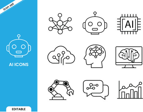 Artificial intelligence icon set featuring line art technology symbols