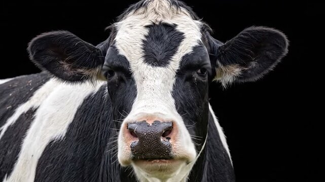 Dairy cow headshot with black and white markings staring at camera