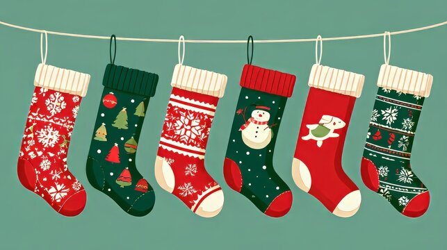 Colorful christmas stockings hanging on a rope with traditional holiday ornaments and cute festive patterns, red and green socks decorated with snowflakes and snowmen, cheerful winter decorations for 