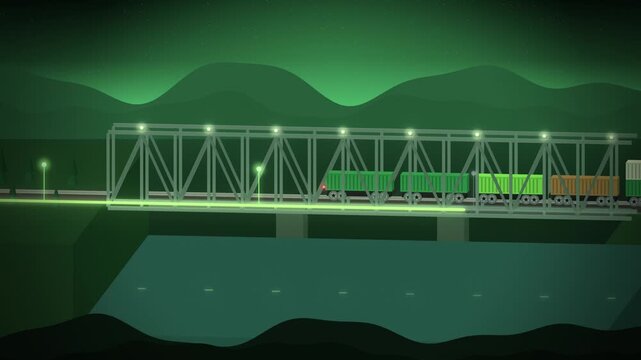Freight train crossing lit truss bridge over river in dark green