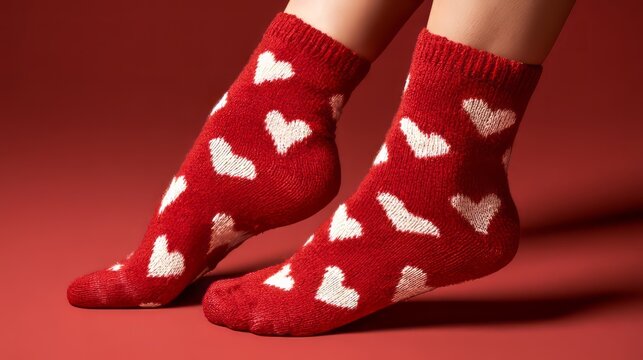 Close-up of woman&rsquo;s legs wearing cozy heart print socks in a flirty pose on a red background with copy space for valentine&rsquo;s day, romance, love, warmth, and seasonal fashion designs