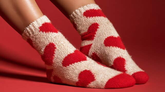 Close-up of woman&rsquo;s legs wearing cozy heart print socks in a flirty pose on a red background with copy space for valentine&rsquo;s day, romance, love, warmth, and seasonal fashion designs