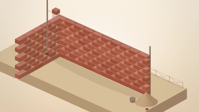 Isometric brick wall corner being laid on sand background