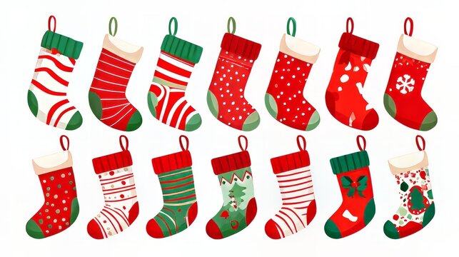  Collection of christmas socks hanging on a white background, festive holiday stockings in flat vector illustration style for christmas decorations, seasonal greetings, winter celebrations, gift givin