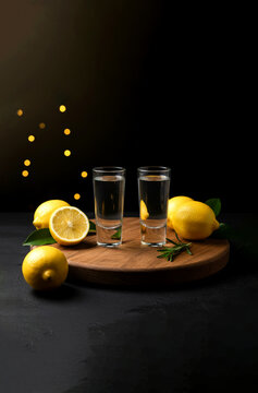 Two shots of transparent alcohol liquor on a wooden board with fresh lemons on a dark background