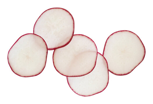 Five fresh raw radish slices cross section isolated on transparent background without shadow with clipping path