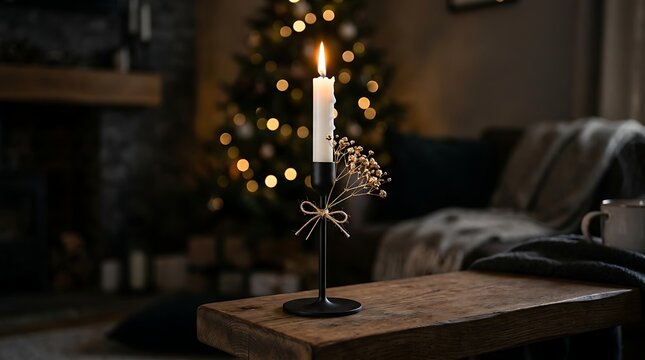 Cozy Christmas candle on rustic wooden table, burning taper candle with festive background, warm holiday home decor