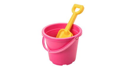 Small pink plastic child sand beach bucket toy shovel spade isolated on transparent background © Rosie Rogers