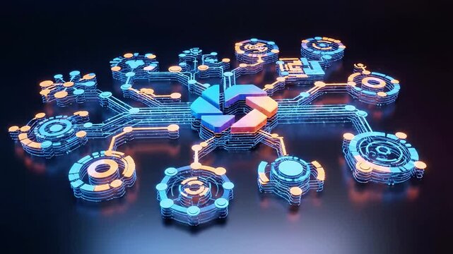 Glowing hexagonal abstract logo on dark reflective surface.