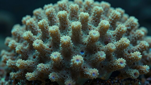 A detailed macro view of coral polyps showcasing intricate surface textures and glowing blue centers underwater.