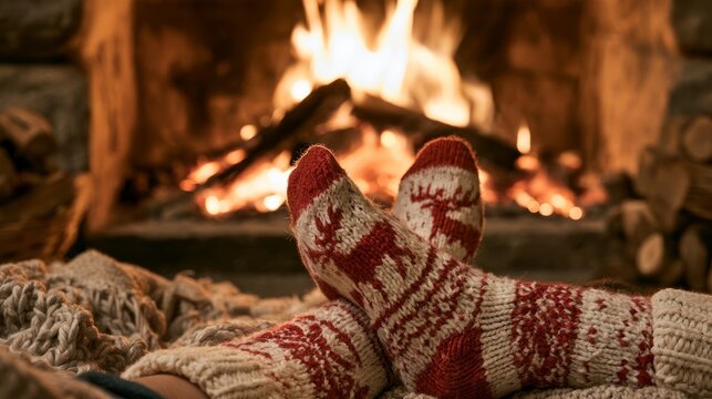 Woman wearing cozy christmas socks while relaxing at home beside a warm glowing fireplace, festive winter interior with a comfortable atmosphere, seasonal holiday decorations, cozy living room, christ
