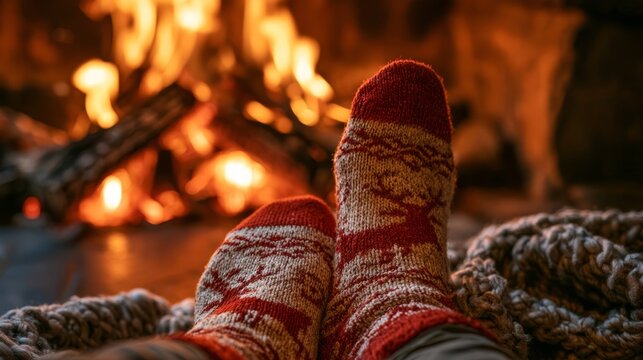 Woman wearing cozy christmas socks while relaxing at home beside a warm glowing fireplace, festive winter interior with a comfortable atmosphere, seasonal holiday decorations, cozy living room, christ