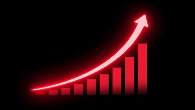 Red neon graph with rising arrow. Developing company growth during the year. Technology hud style computer animation.