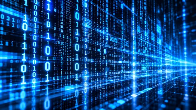 Abstract digital background featuring glowing blue binary code streams and data processing patterns