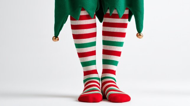 Female feet wearing festive christmas elf socks on a clean white background, cozy winter holiday fashion, seasonal christmas celebration, new year festivities, playful holiday accessories, cheerful fe