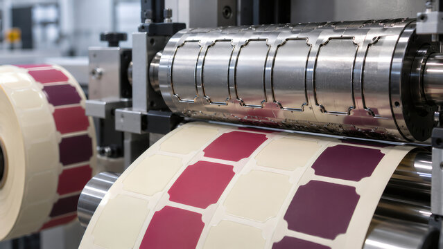 Rotary die cutting press shaping adhesive labels on continuous material web