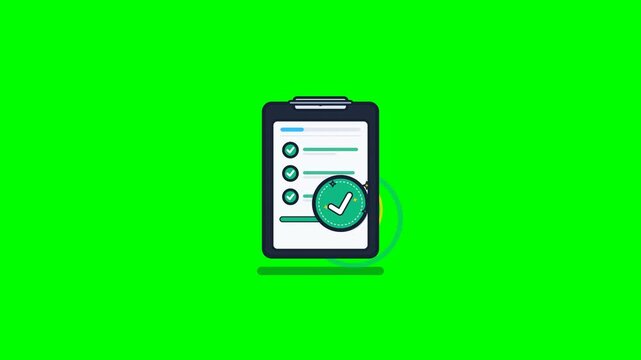 Premium 4K flat vector commercial animation of an inspection task checklist clipboard with sequential emerald checkmark ticking, grand verified approv.
