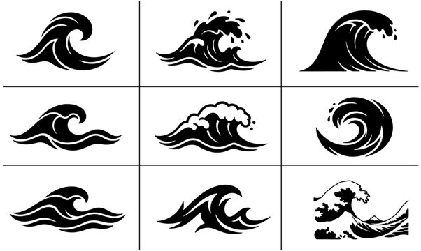 Wave silhouettes set with ocean and sea crests for surfing and water sports