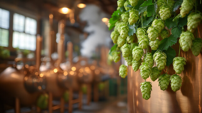 Fresh green hop cones hanging beside a polished copper brewing tank inside a traditional craft brewery. Industrial ale production process. Artisan beer making equipment detail and ingredients.