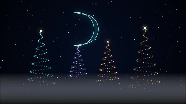 Spiral Christmas trees and glowing crescent moon holiday loop