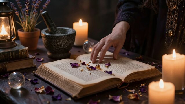 A hand gently turns a page in an old mystical book surrounded by glowing candles, dried petals, and arcane tools under warm ambient light.