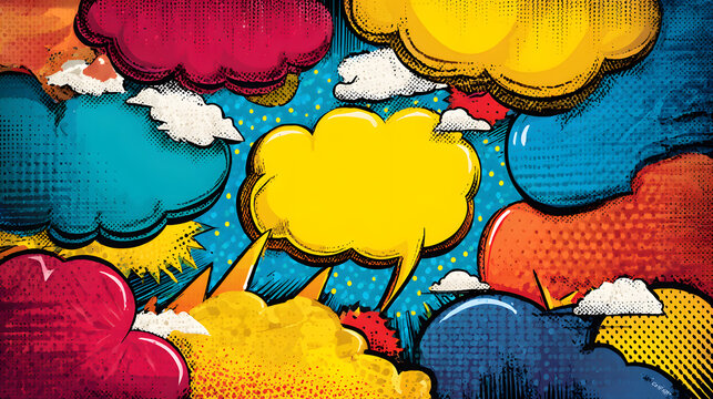 Vibrant pop art style image showcases an array of colorful speech bubbles and cloud formations, suggesting various thoughts and expressions against a blue dotted backdrop.
