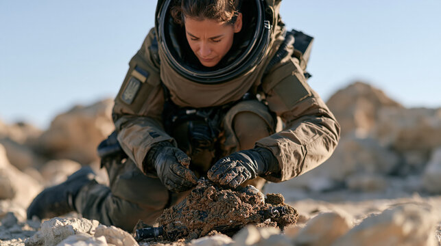 Ukrainian female bomb disposal technician in protective suit kneeling over simulated device at training ground, military engineering, EOD career, defusing focus, technical