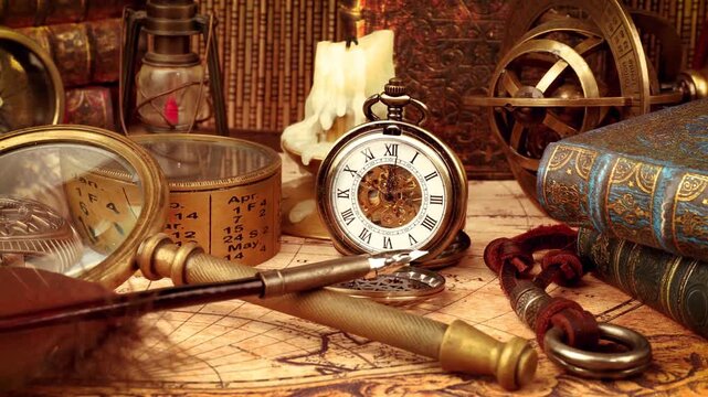 Vintage watch and antique navigational instruments on old treasure map.