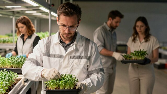 Skilled workers tend to vibrant green lettuce plants grown indoors using advanced hydroponic systems for sustainable urban agriculture.