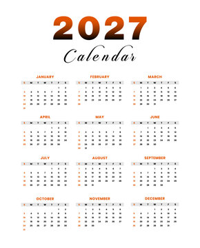 Minimal 2027 Year Calendar Template on White Background with Orange Accents