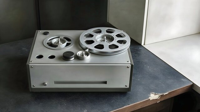 Professional reel to reel analog tape recorder with metal spool on archive laboratory desk