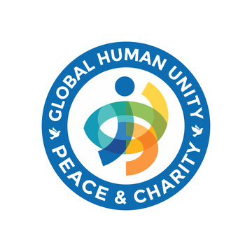 The image depicts a logo designed for an organization promoting global human unity, peace, and charity, featuring interconnected human figures and vibrant colors.