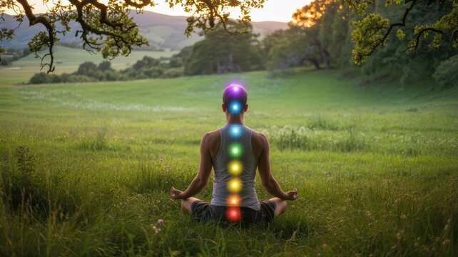 Person meditating in a green park with colorful glowing energy chakra points on body