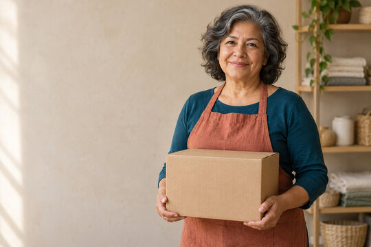 Senior Latina entrepreneur with online order in studio and copy space